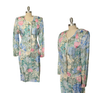 Vintage 80s Talbots Floral Skirt Suit Size 12 Pastel Brocade Garden Party